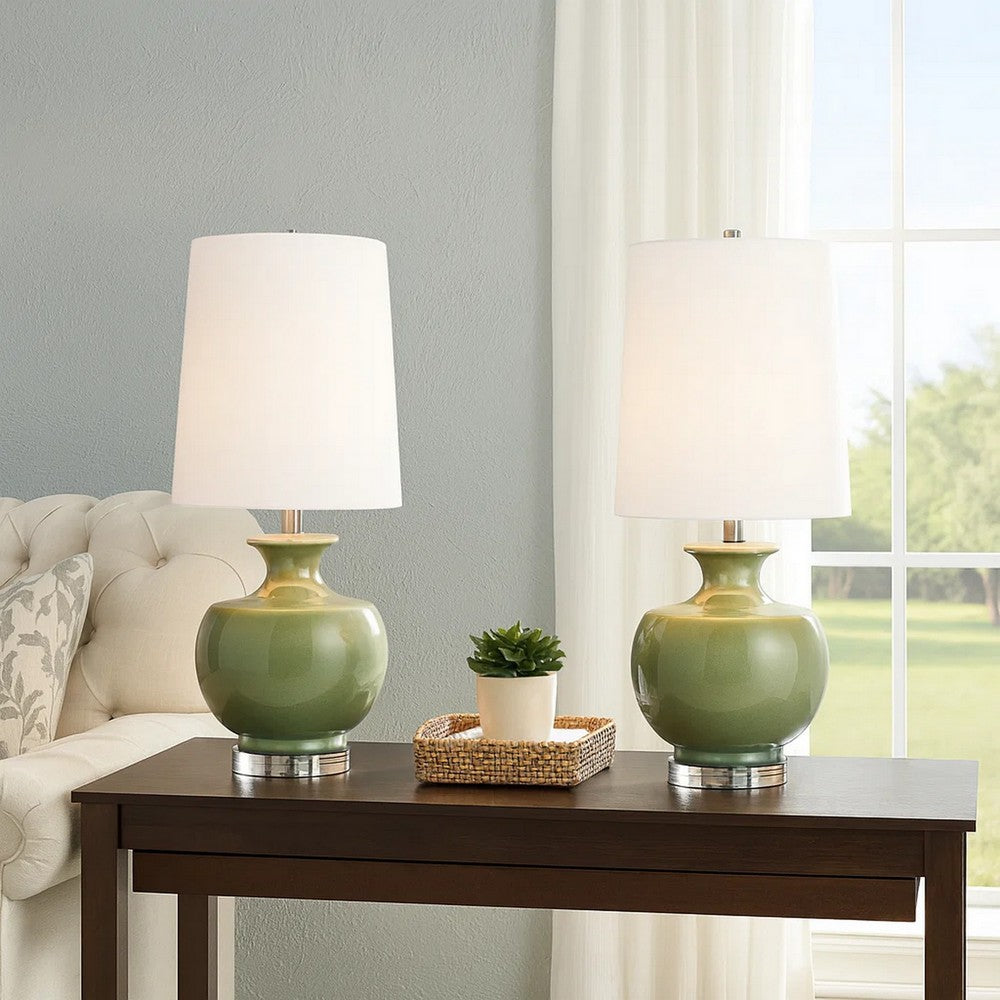 Benjara Kela 28 Inch Table Lamp Set of 2, Green Ceramic Pot Base, White Shade