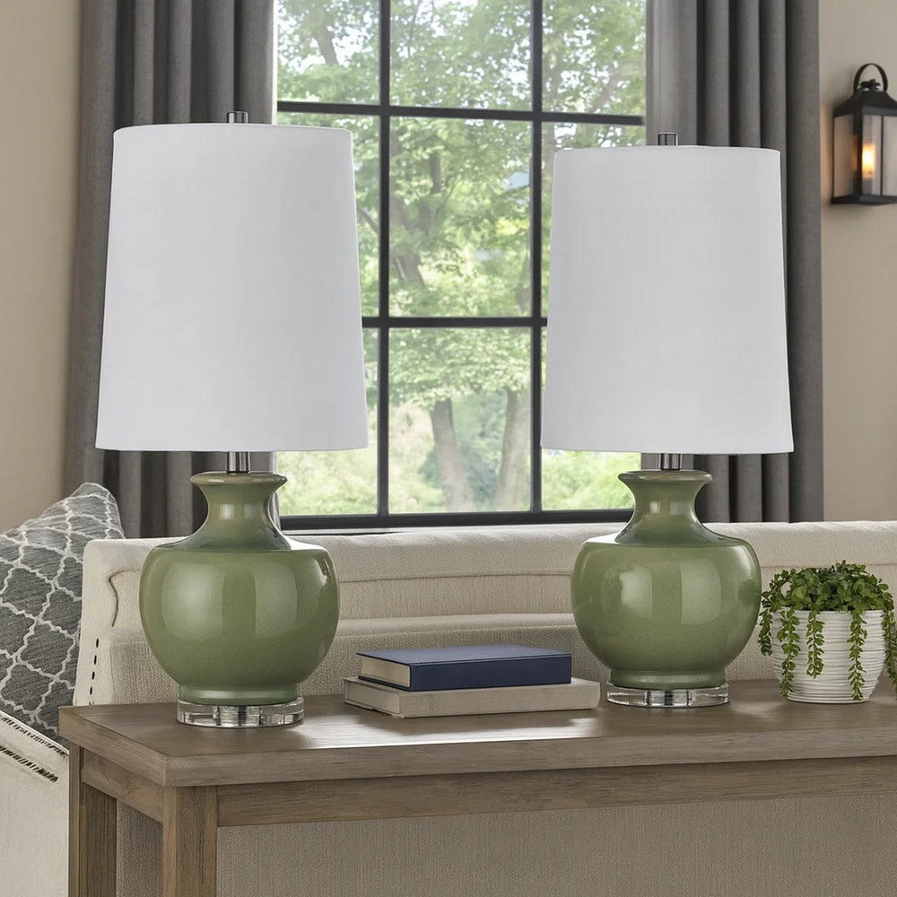 Benjara Kela 28 Inch Table Lamp Set of 2, Green Ceramic Pot Base, White Shade