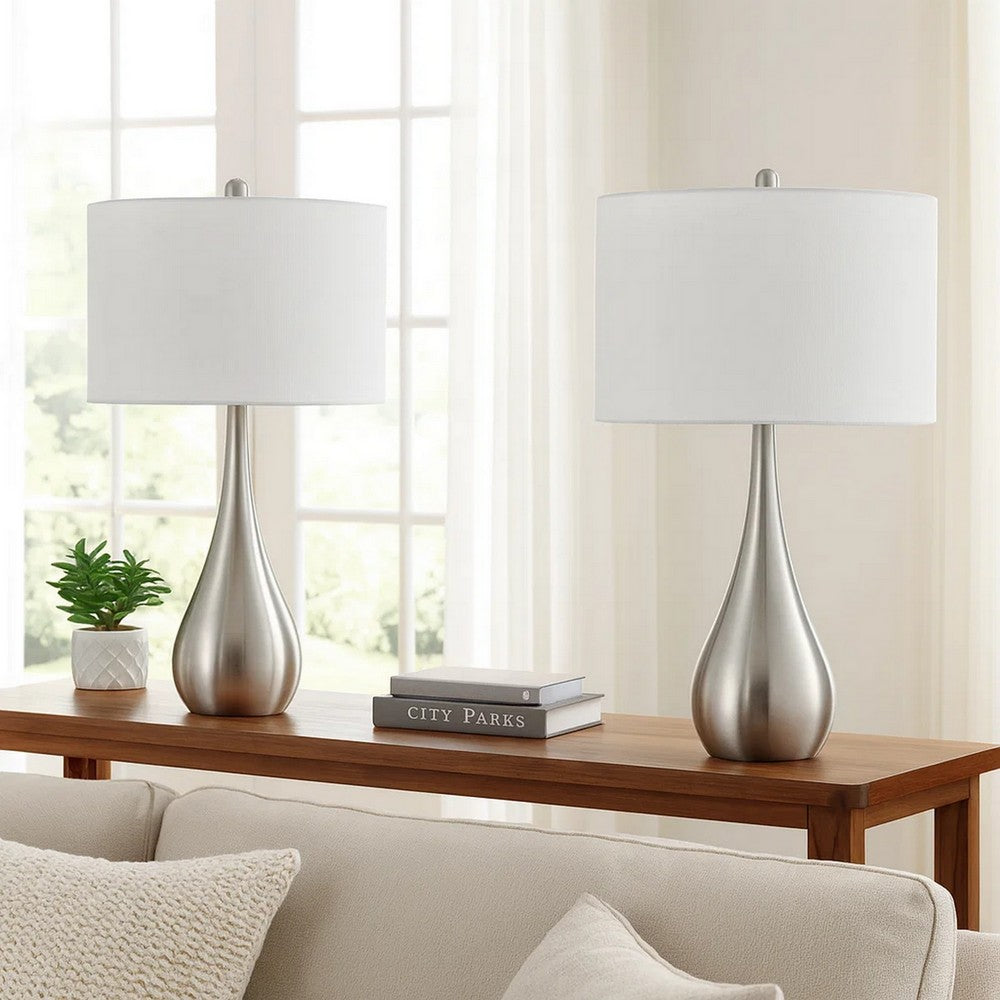 Benjara Ege Table Lamp Set of 2, Teardrop Brushed Steel Base, White Shade