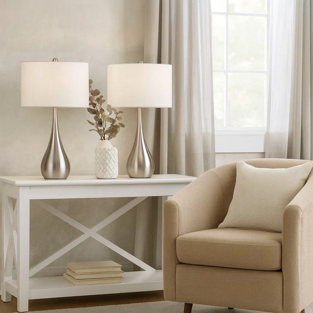 Benjara Ege Table Lamp Set of 2, Teardrop Brushed Steel Base, White Shade