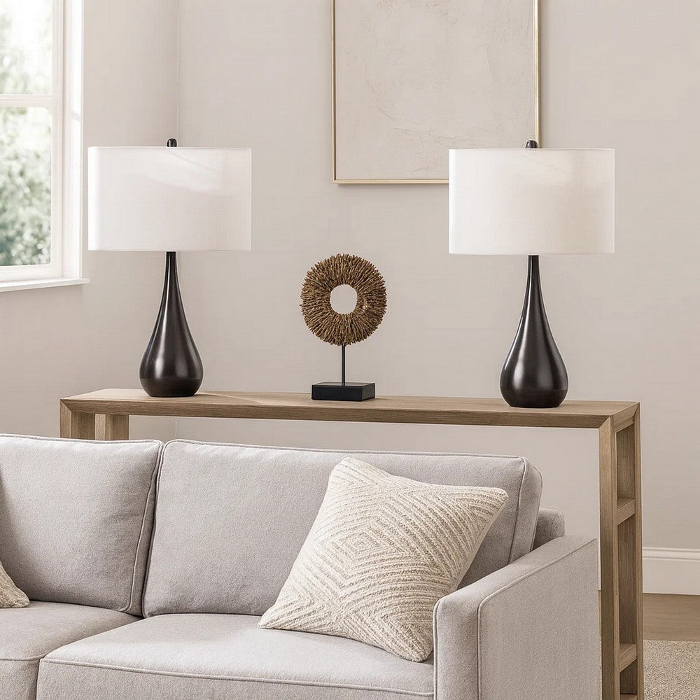 Benjara Ege Table Lamp Set of 2, Teardrop Bronze Metal Base, White Shade