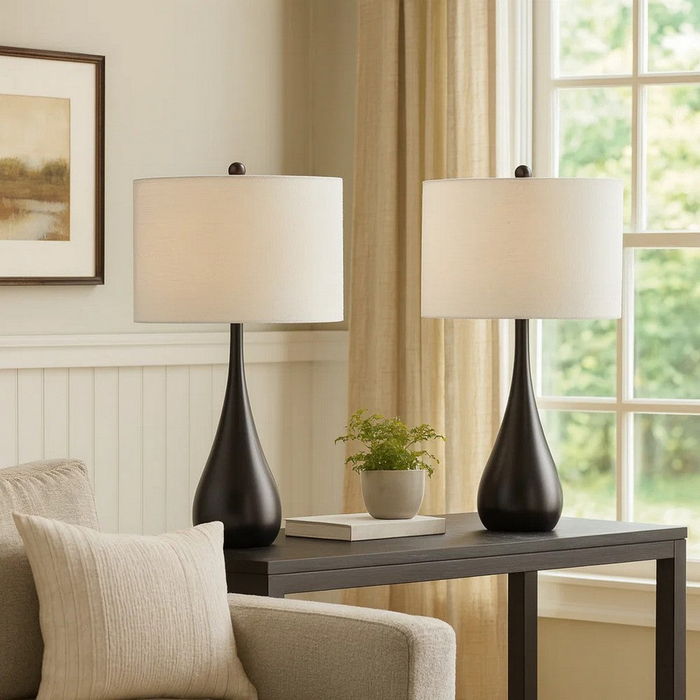 Benjara Ege Table Lamp Set of 2, Teardrop Bronze Metal Base, White Shade