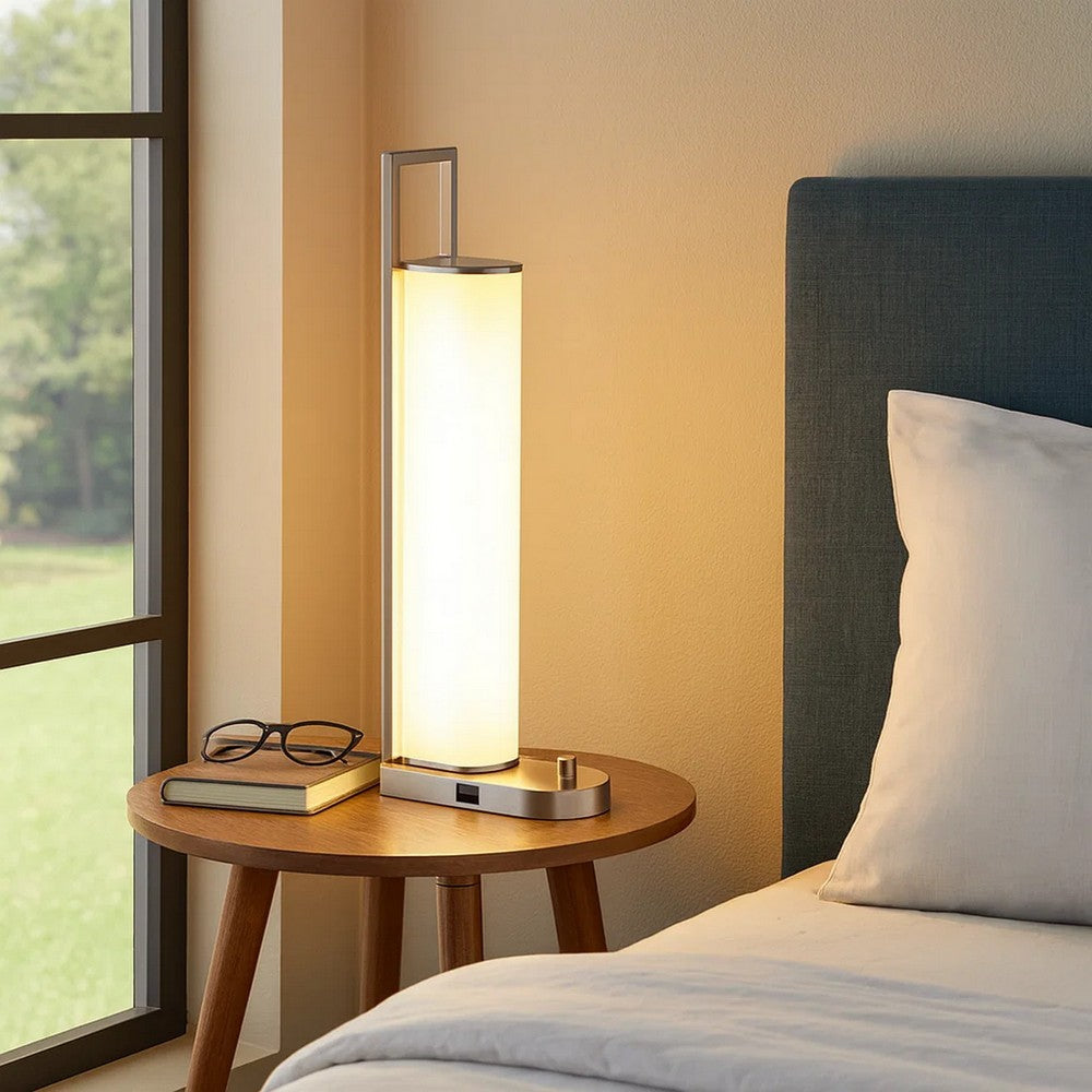 Benjara Mora Table Lamp, 2 USB Ports, Dimmer LED Light, Chrome Steel 23 Inch
