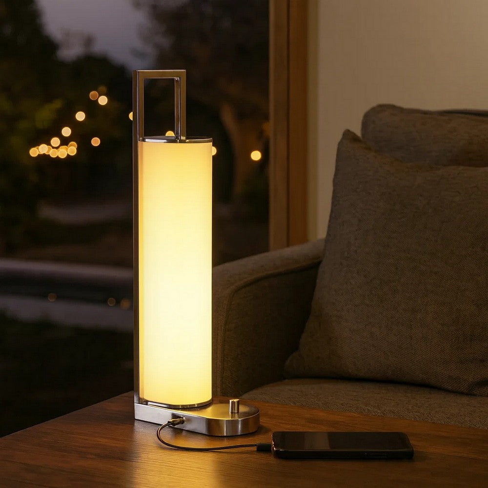 Benjara Mora Table Lamp, 2 USB Ports, Dimmer LED Light, Chrome Steel 23 Inch