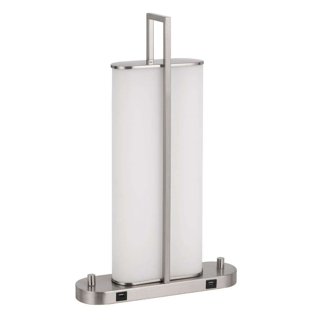 Benjara Mora Table Lamp Acrylic Shade, 2 USB, LED Lights, Chrome Steel 23 Inch
