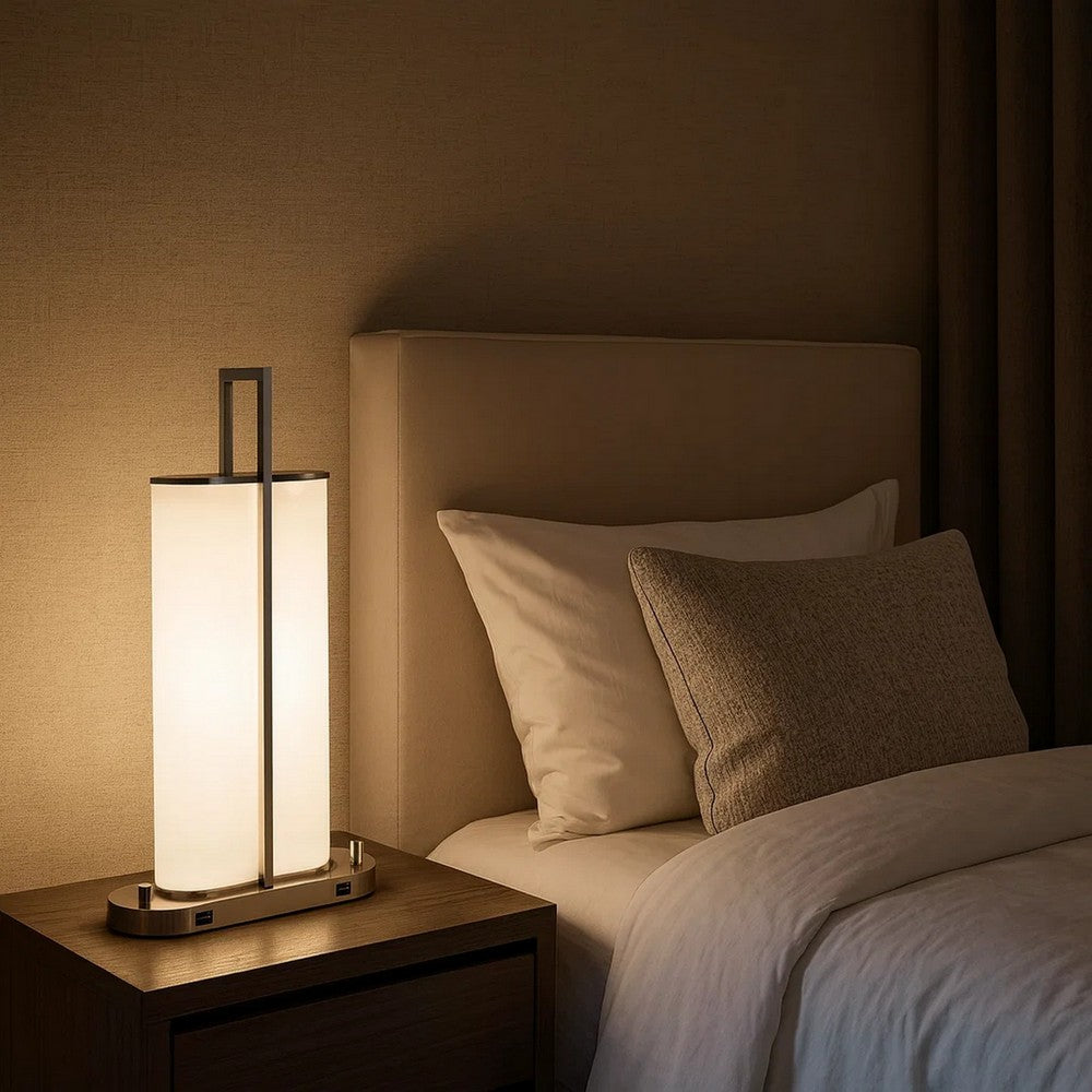 Benjara Mora Table Lamp Acrylic Shade, 2 USB, LED Lights, Chrome Steel 23 Inch