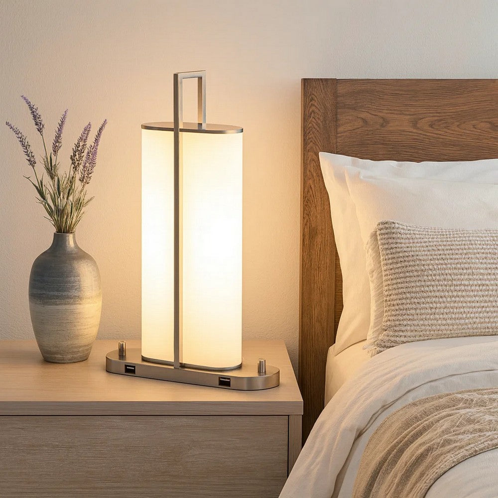Benjara Mora Table Lamp Acrylic Shade, 2 USB, LED Lights, Chrome Steel 23 Inch