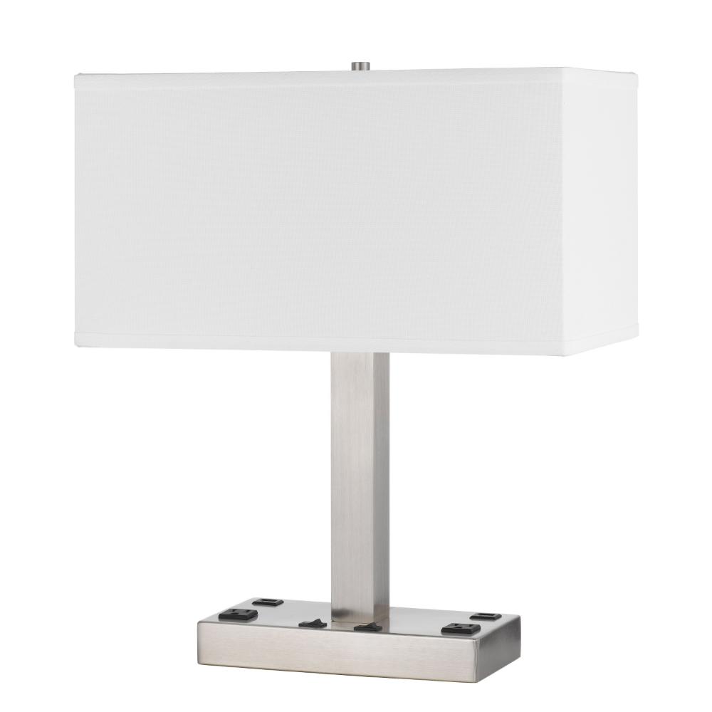 Benjara Colm Table Lamp, 2 Ports And 2 Power Outlets, Brushed Steel 21 Inch