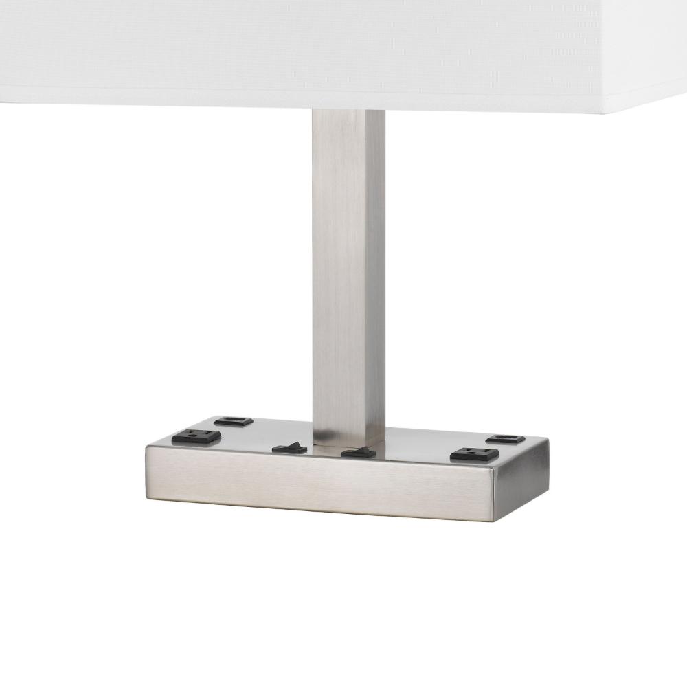 Benjara Colm Table Lamp, 2 Ports And 2 Power Outlets, Brushed Steel 21 Inch