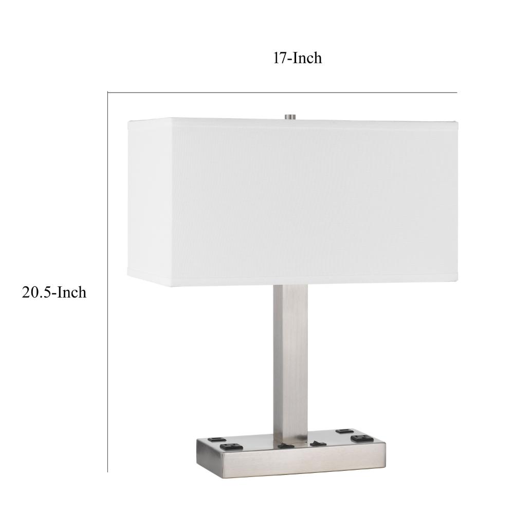 Benjara Colm Table Lamp, 2 Ports And 2 Power Outlets, Brushed Steel 21 Inch