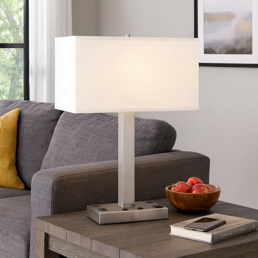 Benjara Colm Table Lamp, 2 Ports And 2 Power Outlets, Brushed Steel 21 Inch