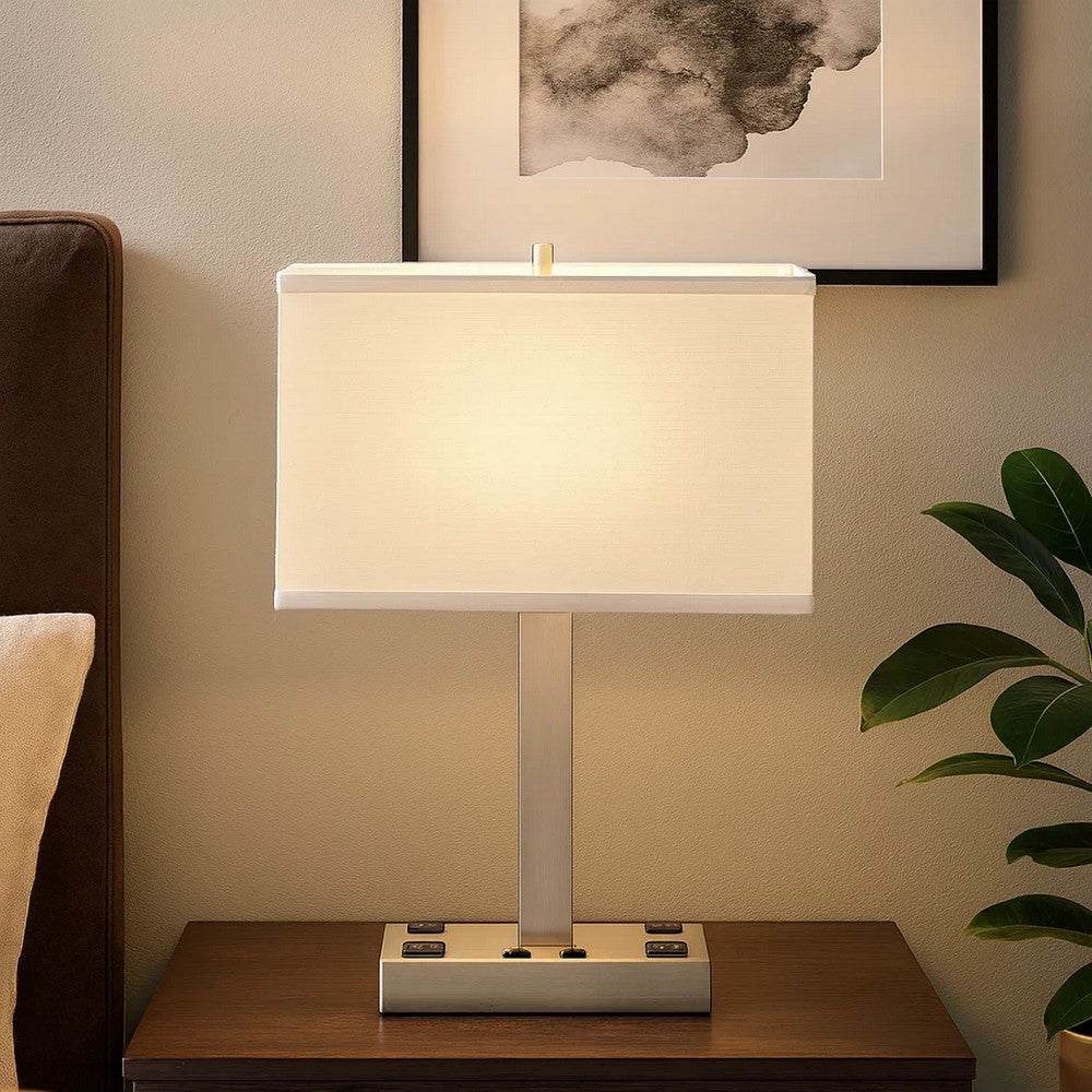 Benjara Colm Table Lamp, 2 Ports And 2 Power Outlets, Brushed Steel 21 Inch