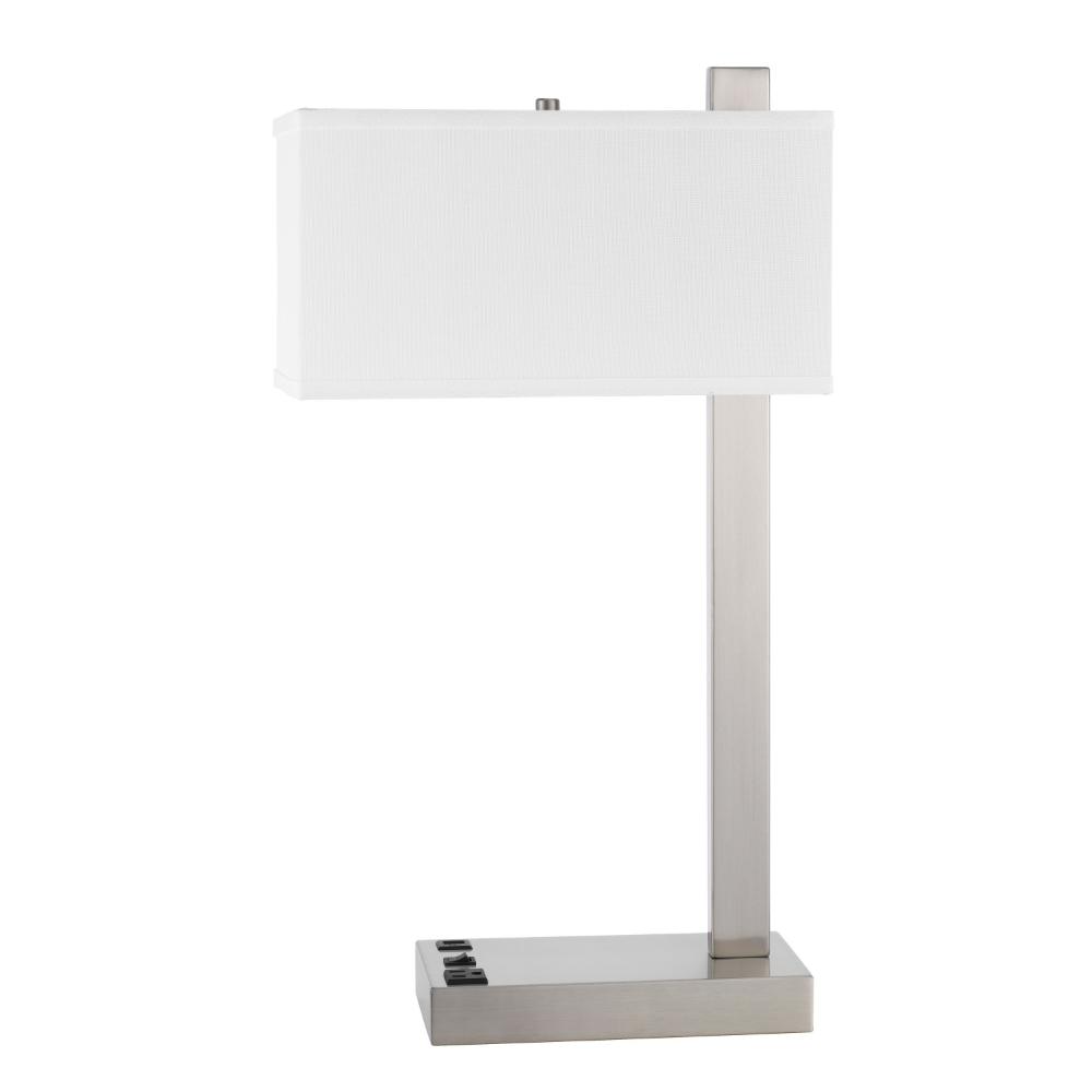 Benjara Nacy Table Lamp, 1 Power Outlet And USB Port, Chrome Steel 25 Inch