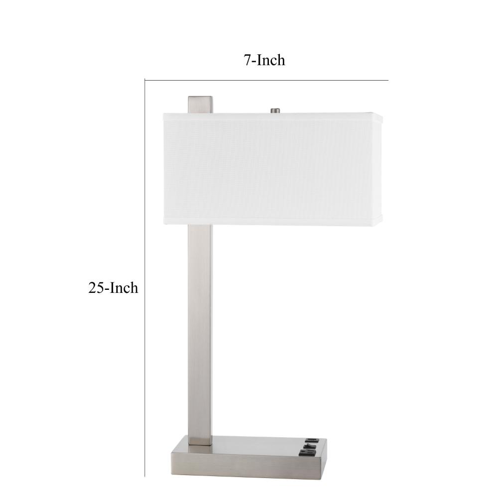 Benjara Nacy Table Lamp, 1 Power Outlet And USB Port, Chrome Steel 25 Inch
