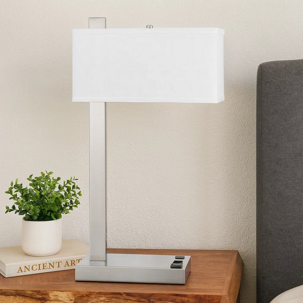 Benjara Nacy Table Lamp, 1 Power Outlet And USB Port, Chrome Steel 25 Inch