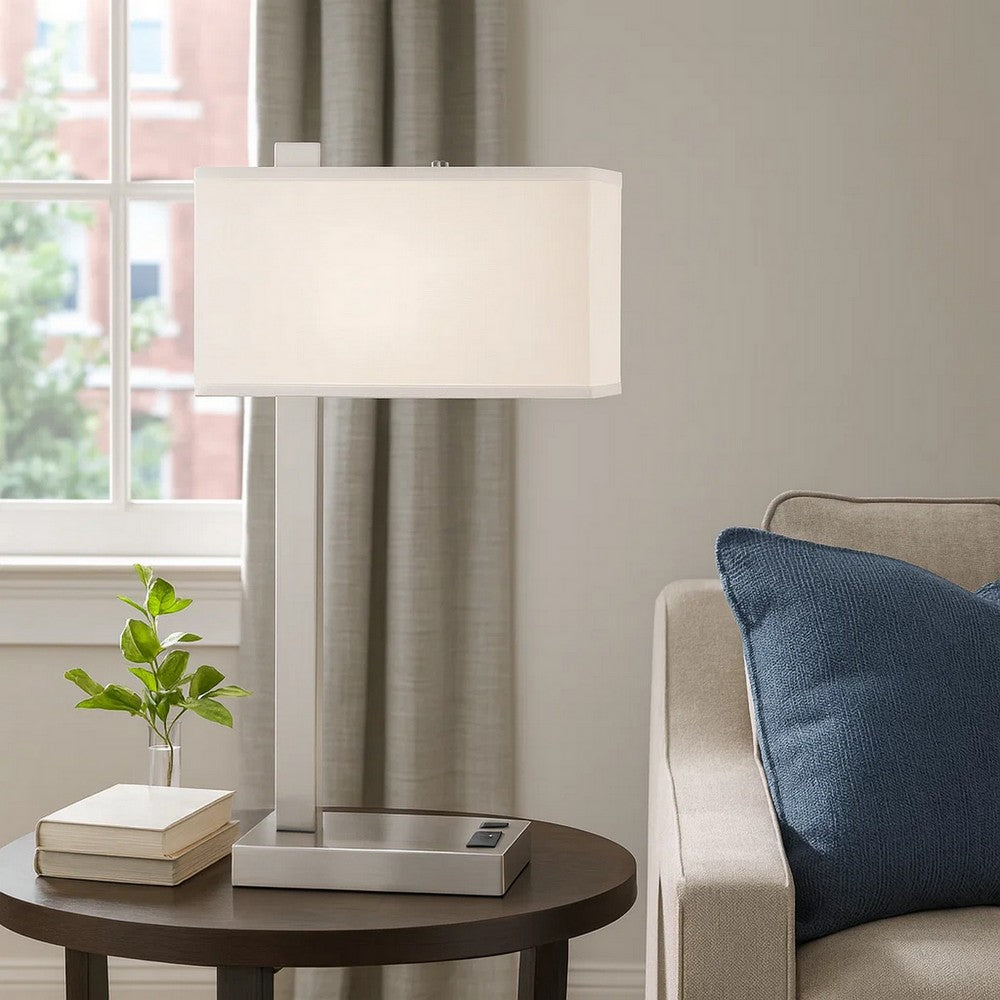 Benjara Nacy Table Lamp, 1 Power Outlet And USB Port, Chrome Steel 25 Inch
