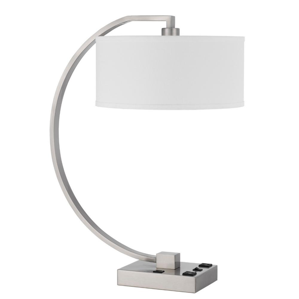 Benjara Fory Table Lamp, 2 Outlets, 1 USB Port, Curved Chrome Steel 26 Inch