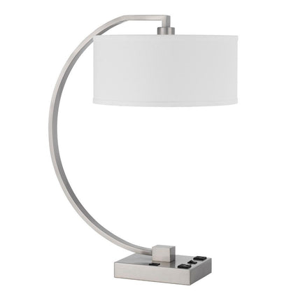 Benjara Fory Table Lamp, 2 Outlets, 1 USB Port, Curved Chrome Steel 26 Inch