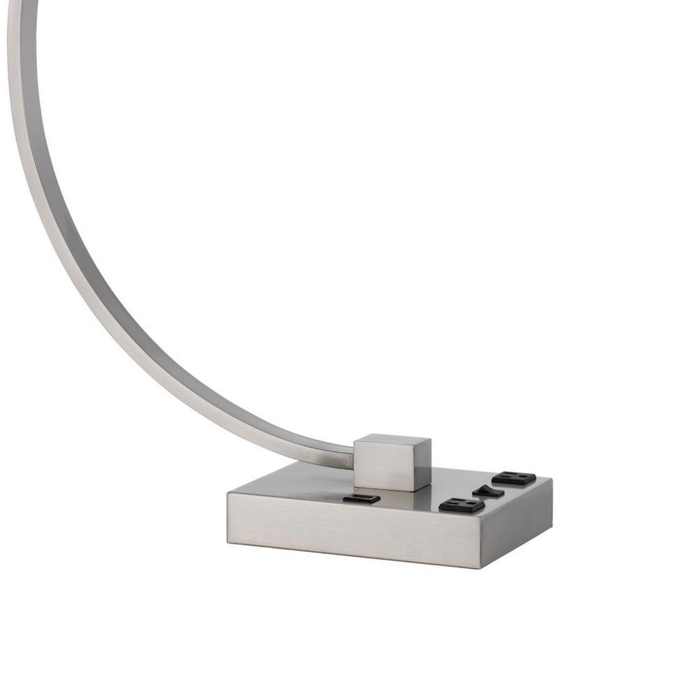 Benjara Fory Table Lamp, 2 Outlets, 1 USB Port, Curved Chrome Steel 26 Inch