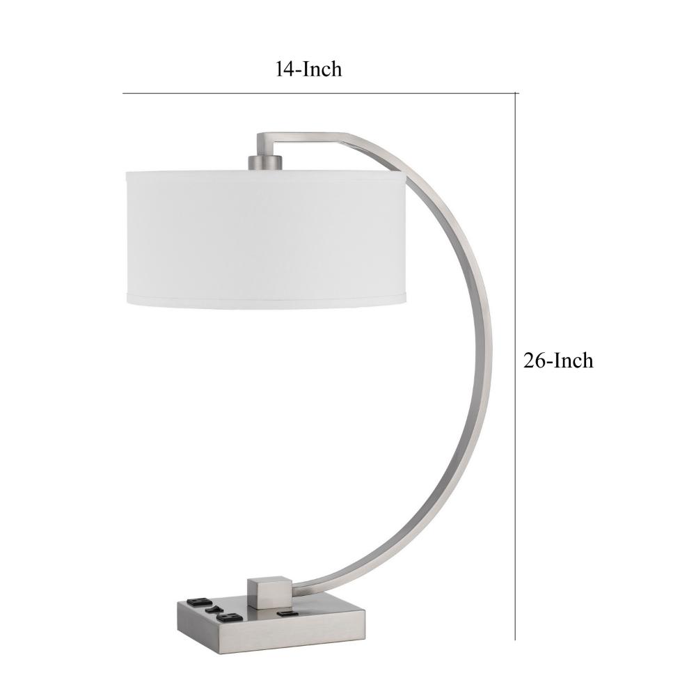 Benjara Fory Table Lamp, 2 Outlets, 1 USB Port, Curved Chrome Steel 26 Inch