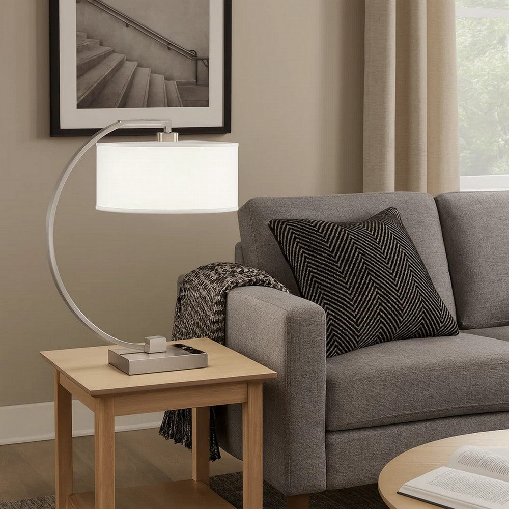 Benjara Fory Table Lamp, 2 Outlets, 1 USB Port, Curved Chrome Steel 26 Inch