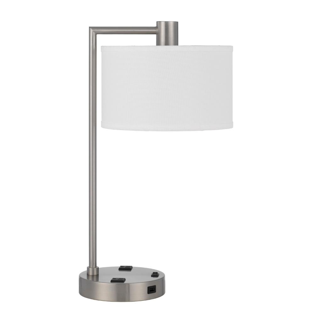 Benjara Ano Table Lamp, 2 Outlets, 1 USB, White Shade, Chrome Metal 22 Inch