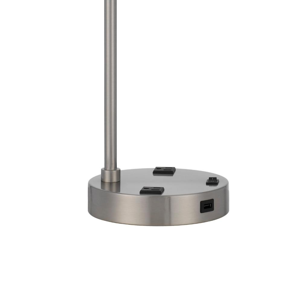 Benjara Ano Table Lamp, 2 Outlets, 1 USB, White Shade, Chrome Metal 22 Inch
