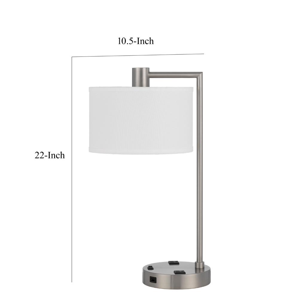 Benjara Ano Table Lamp, 2 Outlets, 1 USB, White Shade, Chrome Metal 22 Inch