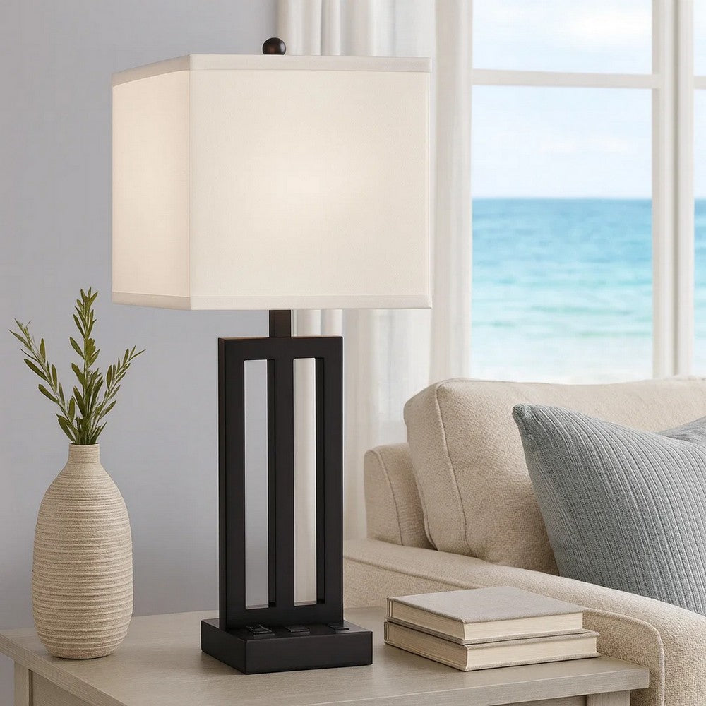 Benjara Haney Table Lamp, 1 Outlet, USB Port, Bronze Slim Keyhole Base 30 Inch