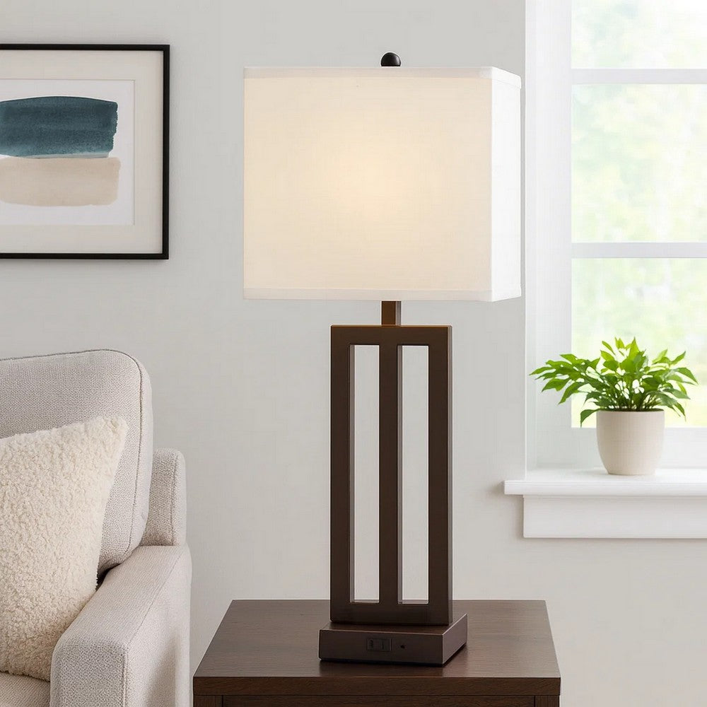 Benjara Haney Table Lamp, 1 Outlet, USB Port, Bronze Slim Keyhole Base 30 Inch