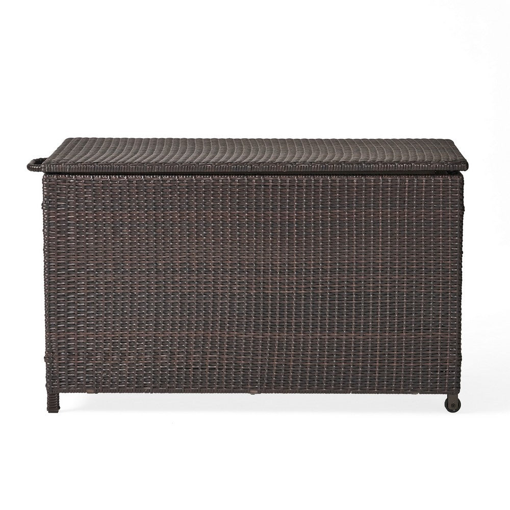 Benjara Laki Outdoor Storage Chest, Brown PE Rattan Wicker, Aluminum, 53 Inch