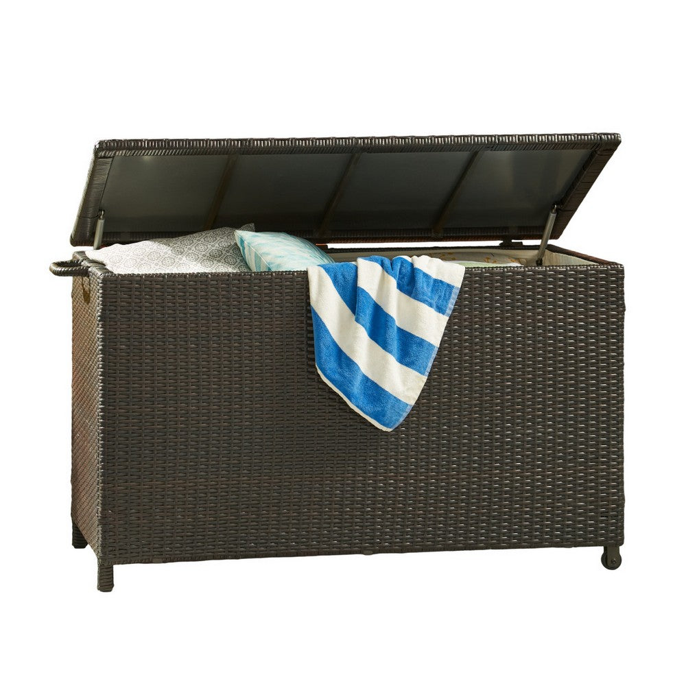Benjara Laki Outdoor Storage Chest, Brown PE Rattan Wicker, Aluminum, 53 Inch