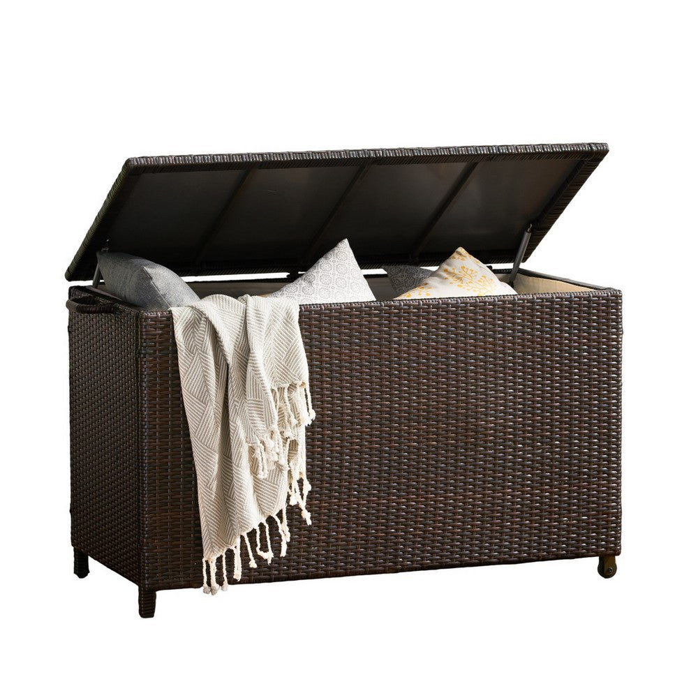 Benjara Laki Outdoor Storage Chest, Brown PE Rattan Wicker, Aluminum, 53 Inch