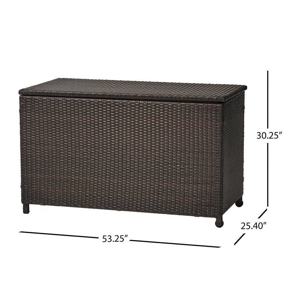 Benjara Laki Outdoor Storage Chest, Brown PE Rattan Wicker, Aluminum, 53 Inch