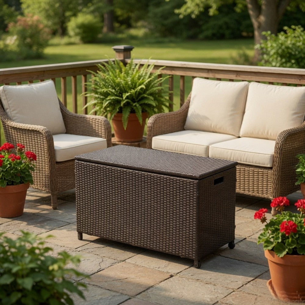 Benjara Laki Outdoor Storage Chest, Brown PE Rattan Wicker, Aluminum, 53 Inch