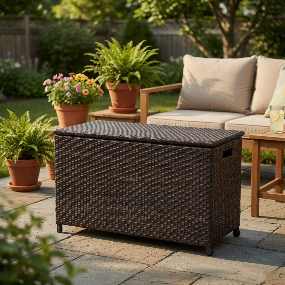 Benjara Laki Outdoor Storage Chest, Brown PE Rattan Wicker, Aluminum, 53 Inch
