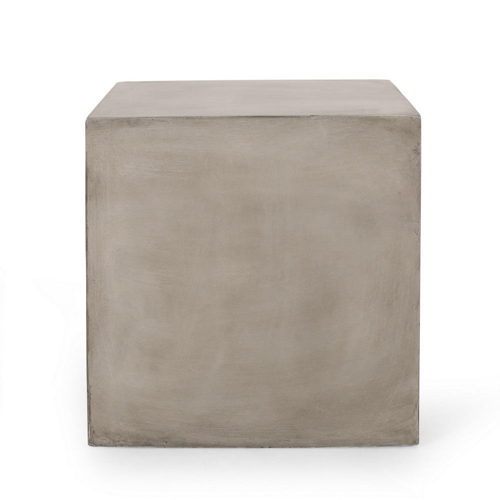Benjara Ebec Outdoor Side Table, Modern Cube Light Gray Faux Concrete, 22 Inch