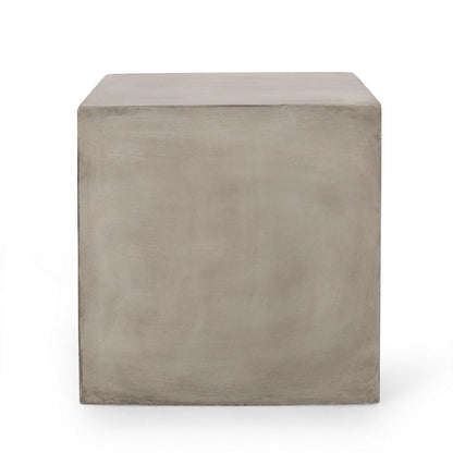 Benjara Ebec Outdoor Side Table, Modern Cube Light Gray Faux Concrete, 22 Inch