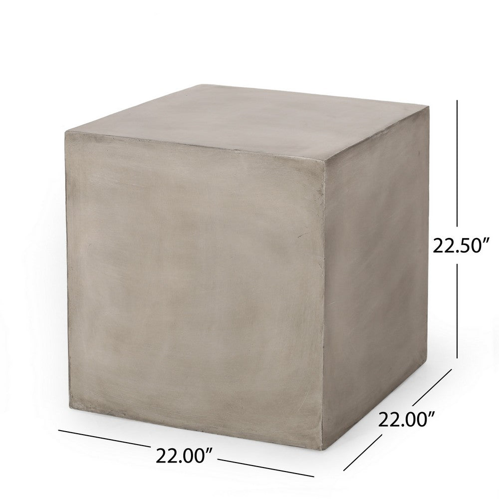 Benjara Ebec Outdoor Side Table, Modern Cube Light Gray Faux Concrete, 22 Inch