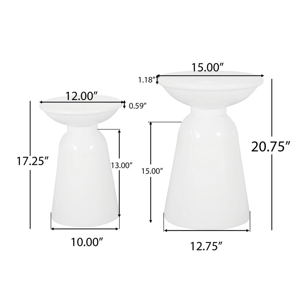 Benjara Suma Outdoor Side End Table Set of 2, Round Top, Pedestal, White Iron