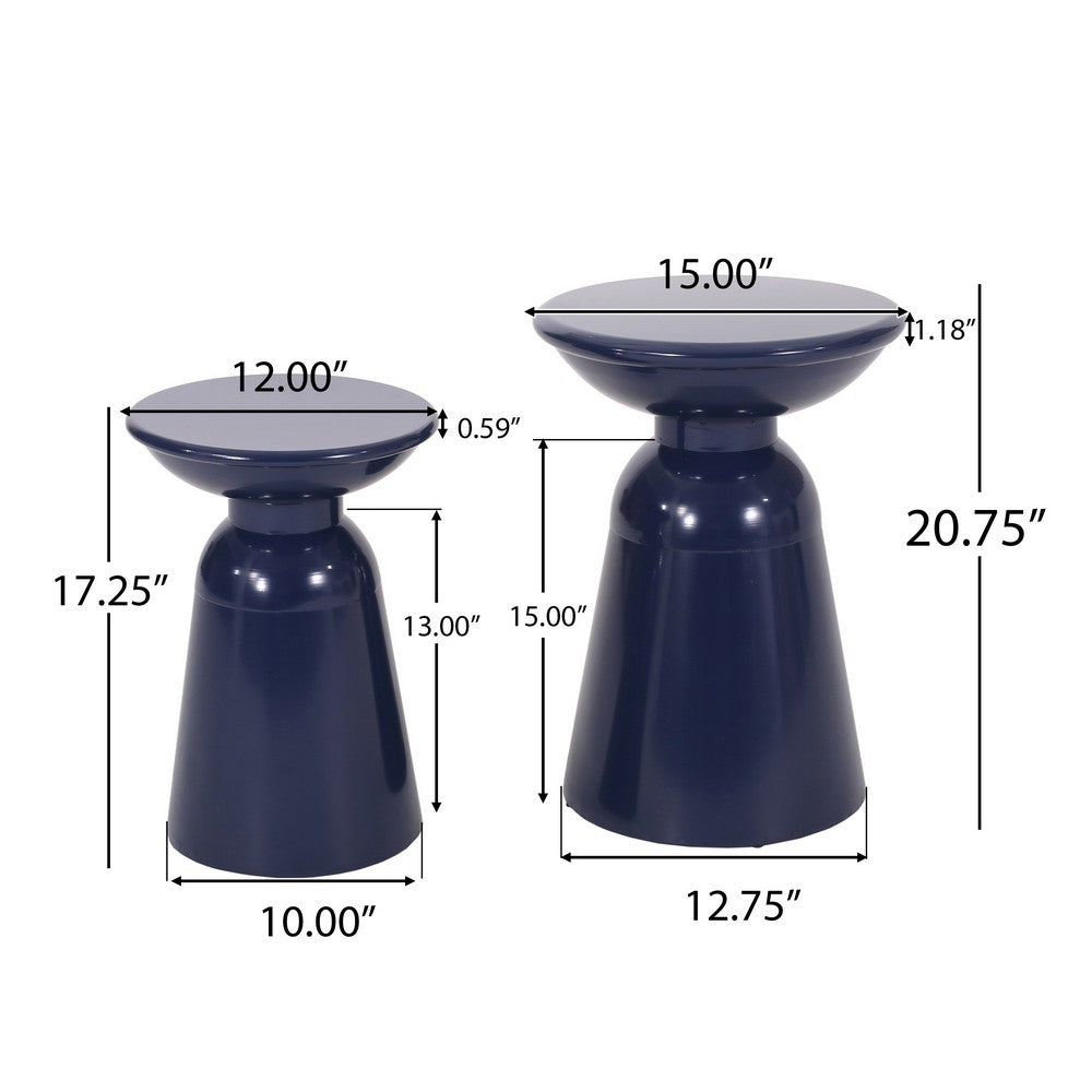 Benjara Suma Outdoor End Table Set of 2, Round, Pedestal Base, Navy Blue Iron
