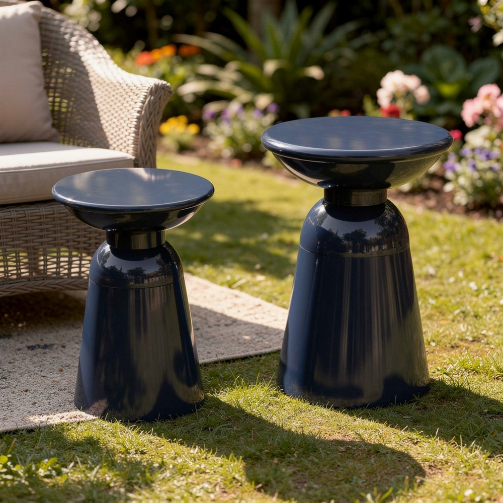 Benjara Suma Outdoor End Table Set of 2, Round, Pedestal Base, Navy Blue Iron