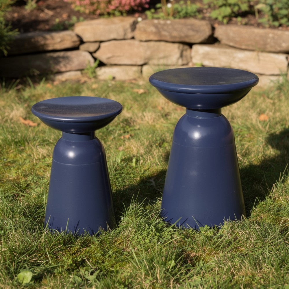 Benjara Suma Outdoor End Table Set of 2, Round, Pedestal Base, Navy Blue Iron