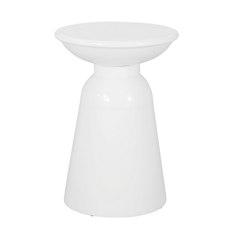 Benjara Suma Outdoor End Table, Round 15 Inch Top, Pedestal Base, White Iron