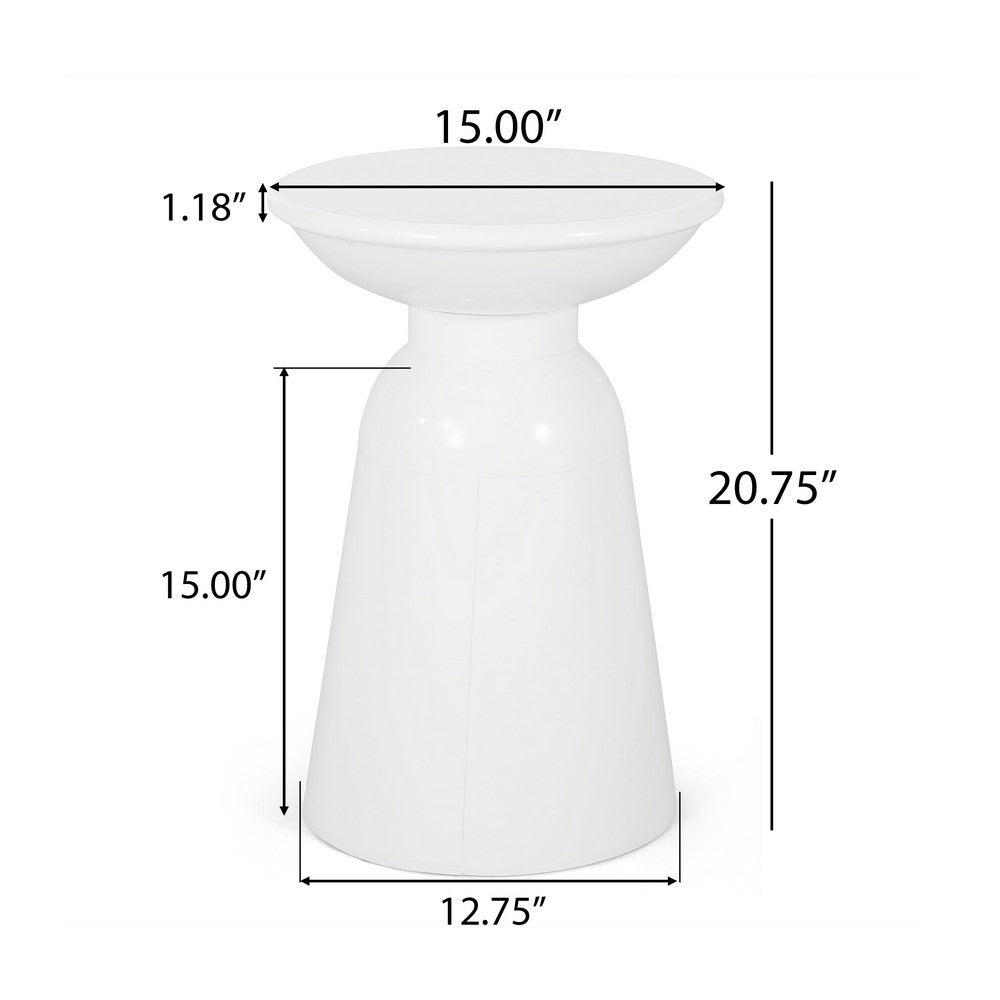 Benjara Suma Outdoor End Table, Round 15 Inch Top, Pedestal Base, White Iron