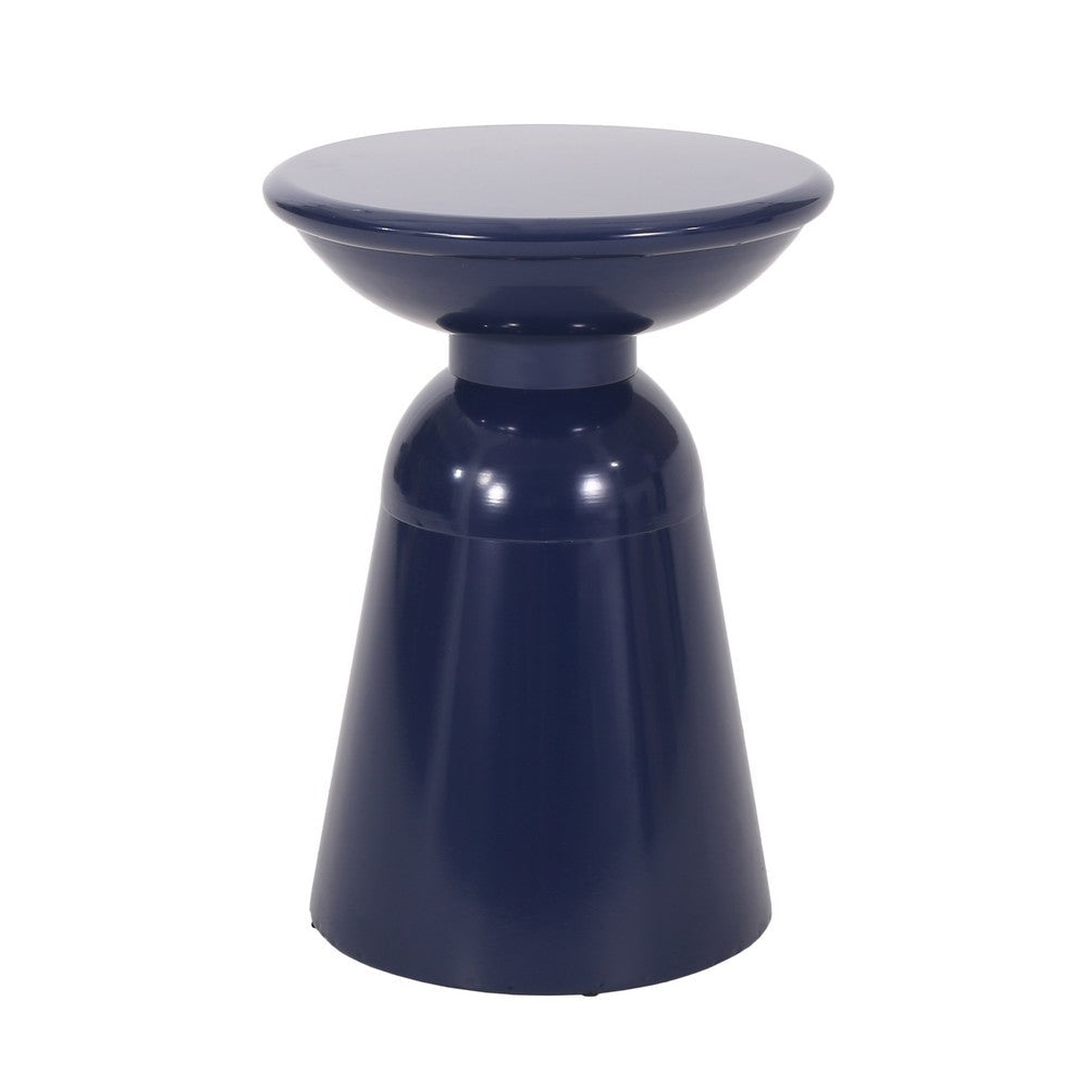 Benjara Suma Outdoor End Table, Round 15 Inch Top, Pedestal Base, Blue Iron