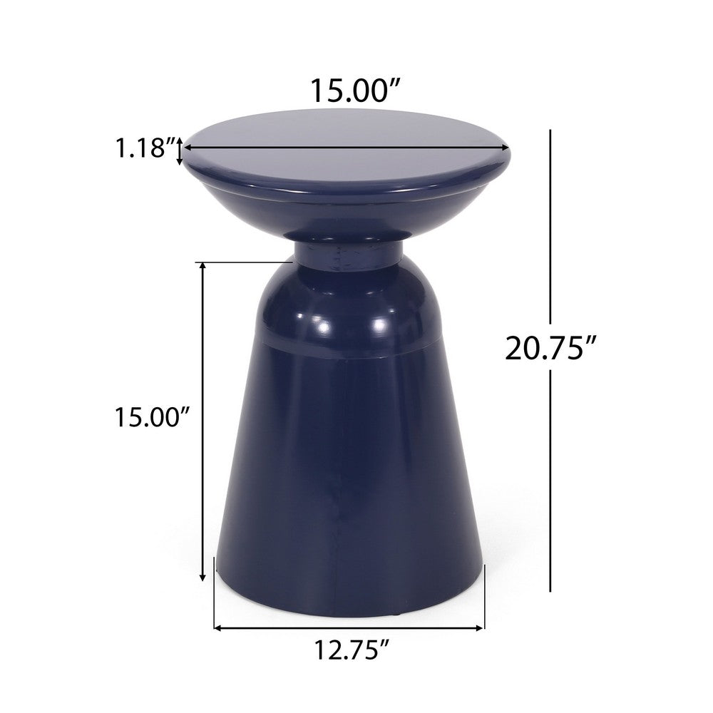 Benjara Suma Outdoor End Table, Round 15 Inch Top, Pedestal Base, Blue Iron
