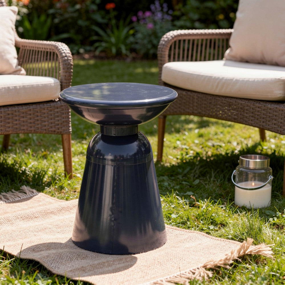 Benjara Suma Outdoor End Table, Round 15 Inch Top, Pedestal Base, Blue Iron