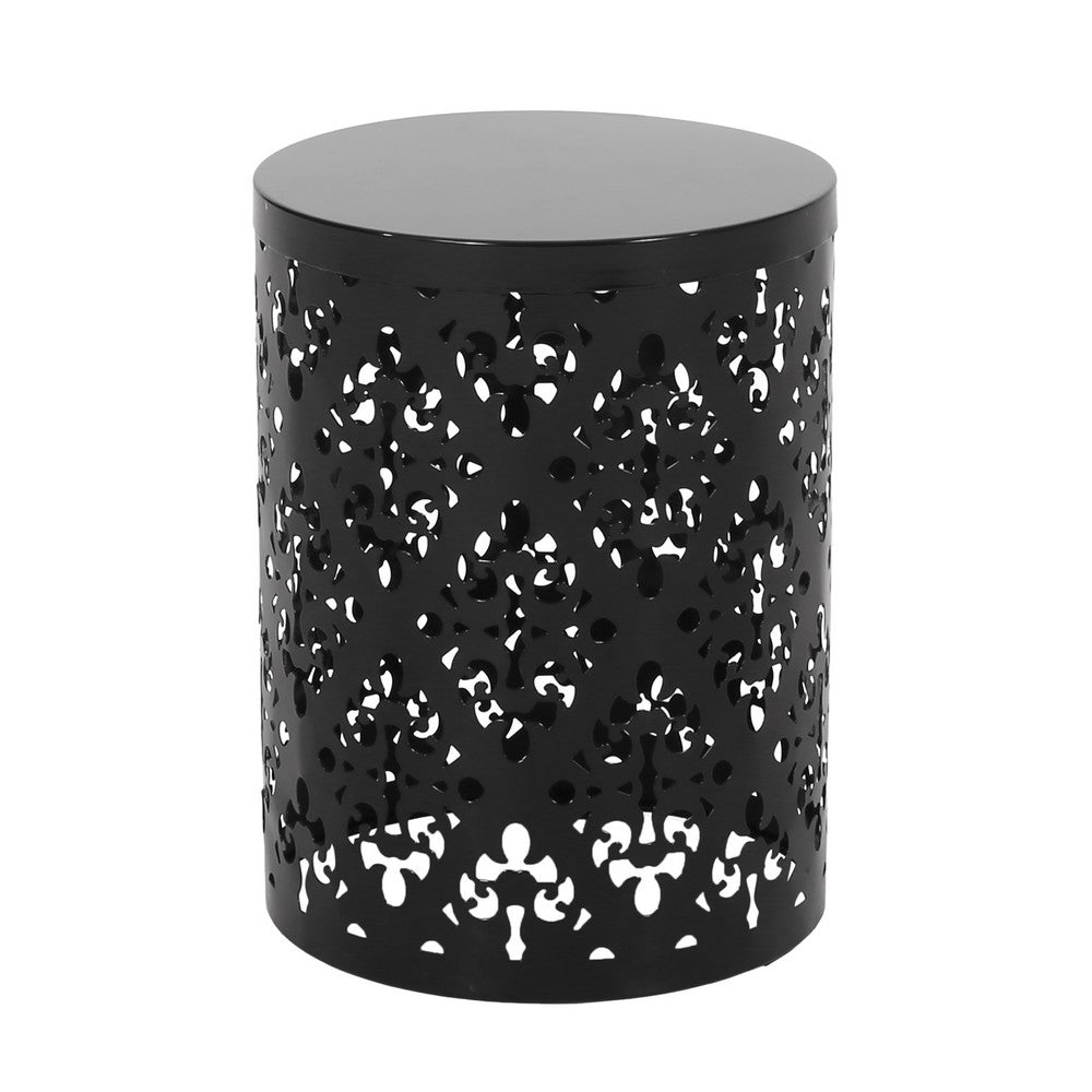 Benjara Kemo Outdoor End Table, Round 14 Inch, Cutout Design, Black Iron Frame