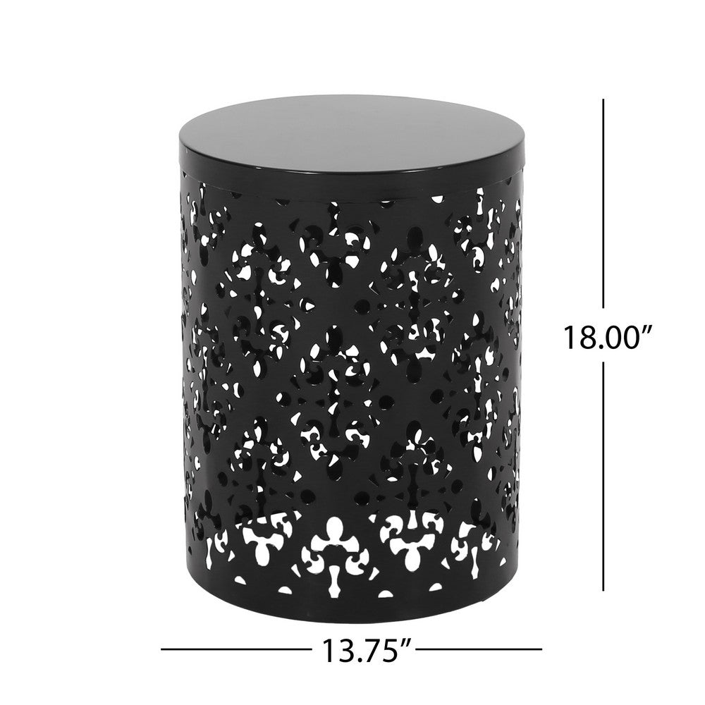 Benjara Kemo Outdoor End Table, Round 14 Inch, Cutout Design, Black Iron Frame